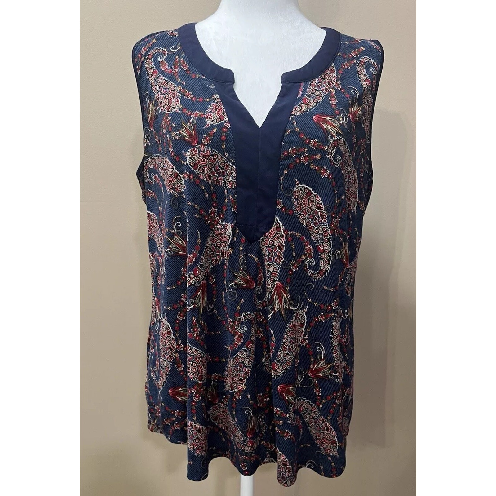 Women’s Flowy Paisley Tank Top L Boho Blue Stretch Art Artsy Western Cool Vneck
